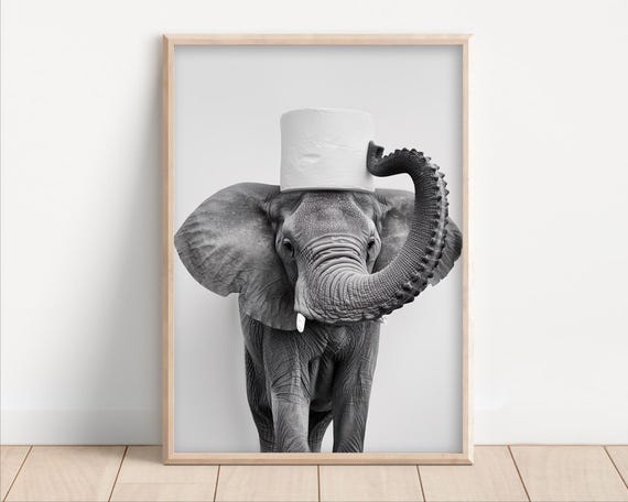 Elephant With Toilet Paper On Poster Canvas Funny Bathroom Wall Art Kids Laundry Room Decor Animal Humor Photo Cute Print