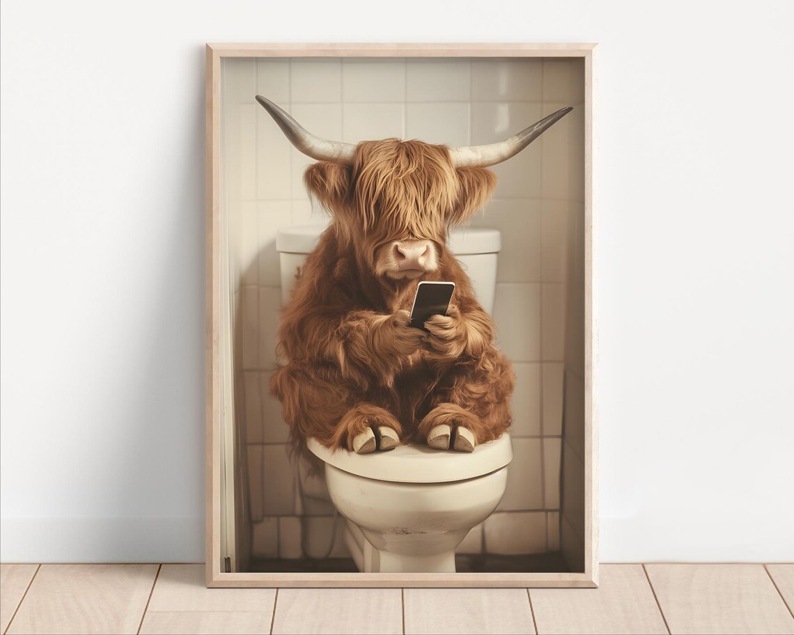 Highland Cow Sitting On The Toilet Vintage Humor Print