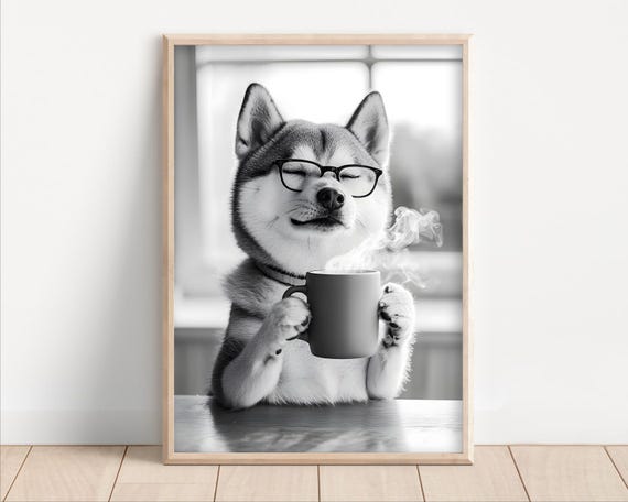 Shiba Inu Dog Drinking Coffee Wearing Glasses Poster Or Canvas Funny Kitchen Wall Art Lover Humor Cute Animal Decor Lovers
