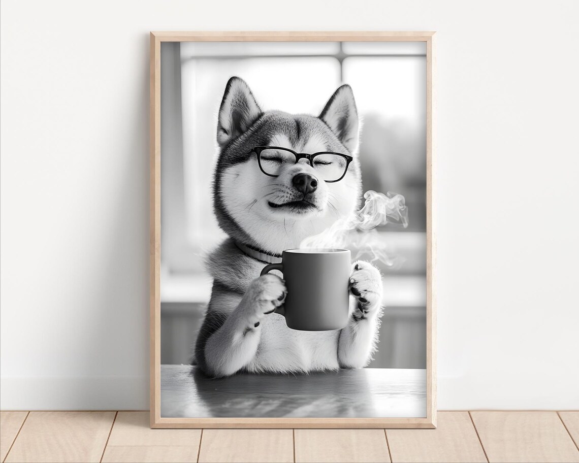 Shiba Inu Dog Wearing Glasses Holding Coffee Mug Funny B&W Poster