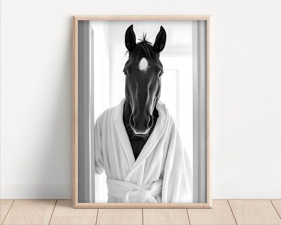 Horse Wearing A Bathrobe Poster Or Canvas Funny Bathroom Wall Art Cute Animals In Kids Laundry Room Decor Print
