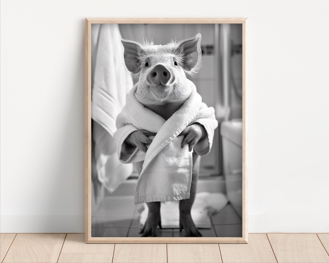 Pig Wearing Bathrobe Black White Funny Bathroom Wall Decor Poster