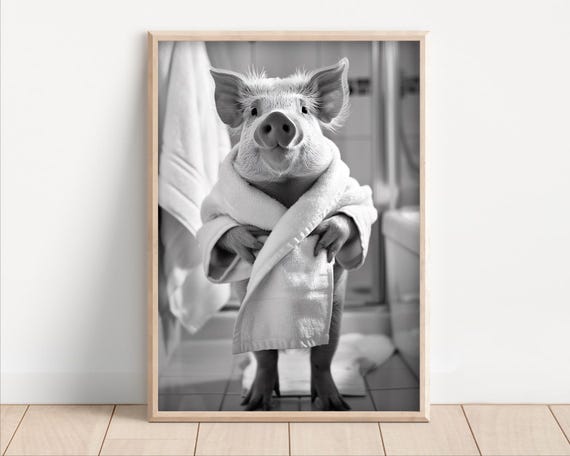 Pig Wearing A Bathrobe Poster Or Canvas Funny Bathroom Wall Art Cute Animals In Kids Laundry Room Decor Print