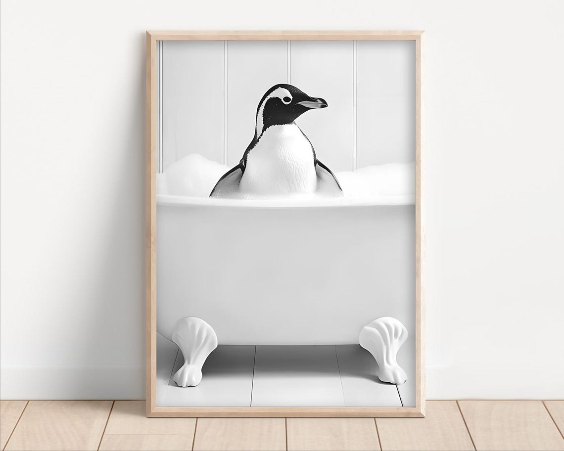 Cute Penguin Taking a Bubble Bath White Clawfoot Tub Bathroom Poster