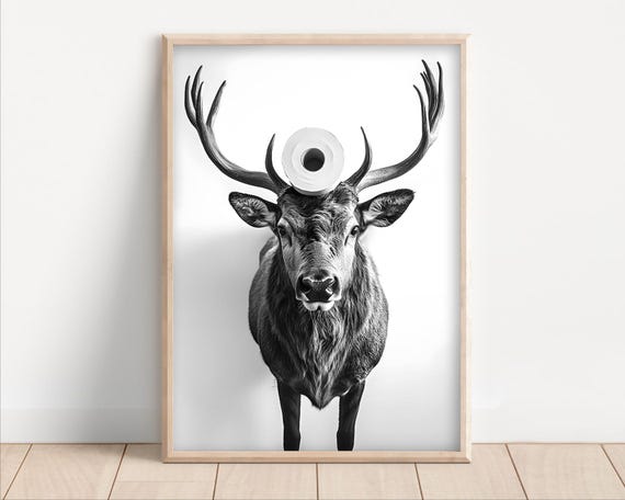 Deer With Toilet Paper On Poster Or Canvas Funny Bathroom Wall Art Kids Laundry Room Decor Animal Humor Photo Cute Print