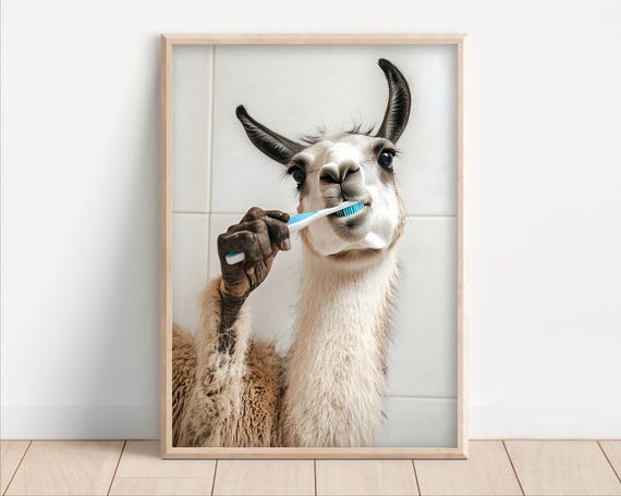 Llama Brushing Teeth Poster Or Canvas Funny Bathroom Wall Art Kids Laundry Room Decor Quirky Animal Humor Photo Cute Print