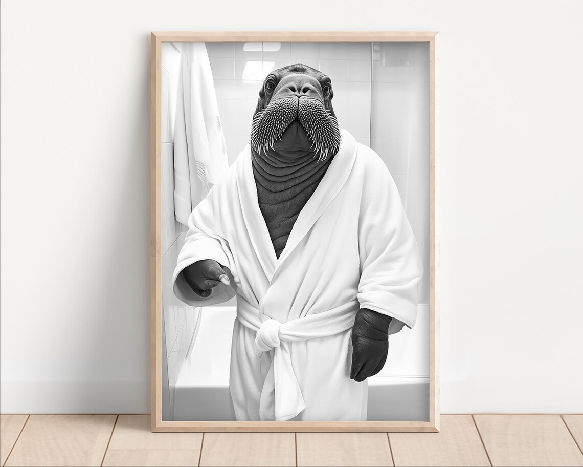 Walrus Wearing a White Bathrobe Funny Black and White Bathroom Poster