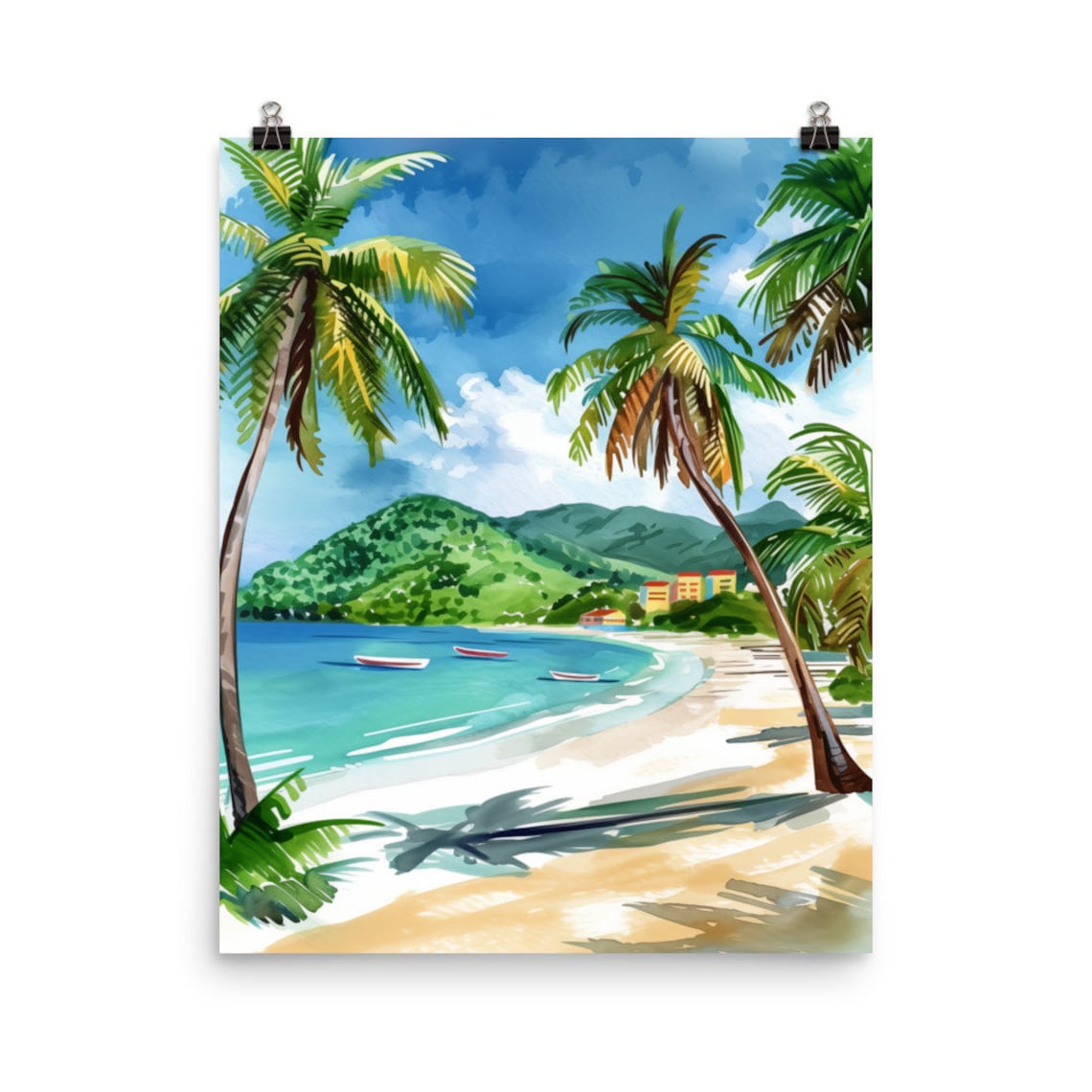 Trinidad Tobago Tropical Beach Palm Trees Watercolor Travel Poster