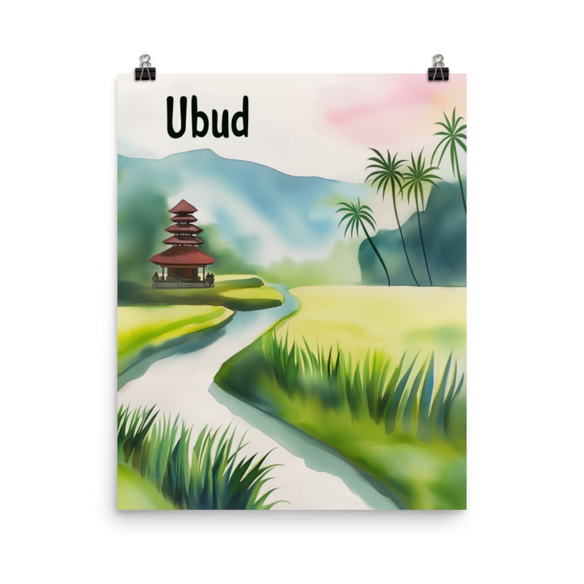 Ubud Bali Temple Rice Field Watercolor Travel Poster Palm River