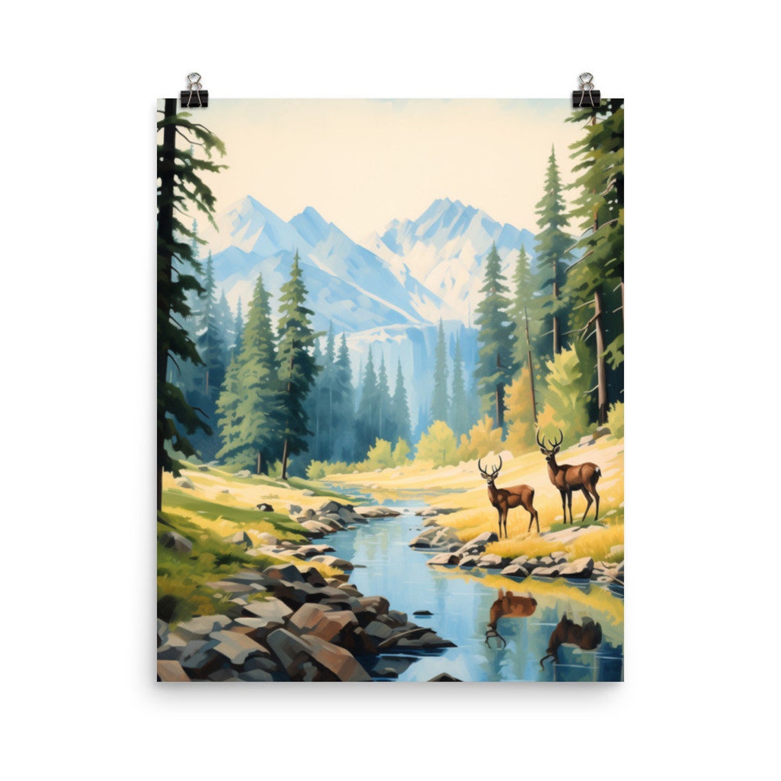Yosemite Deer by a Mountain Stream Under Snowy Sierra Peaks Poster