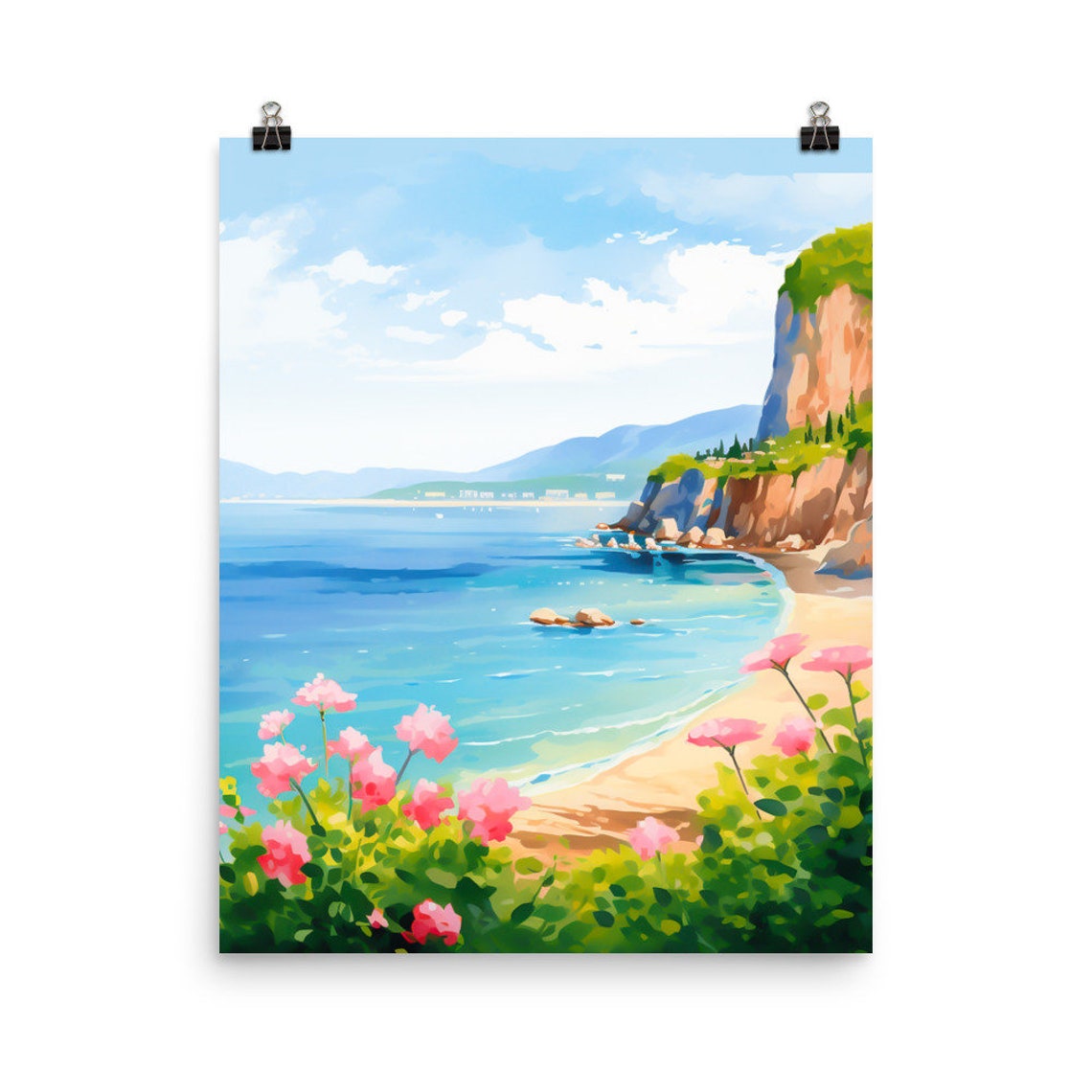 Sardinia Cove Sandy Beach with Cliffs and Pink Flowers Poster