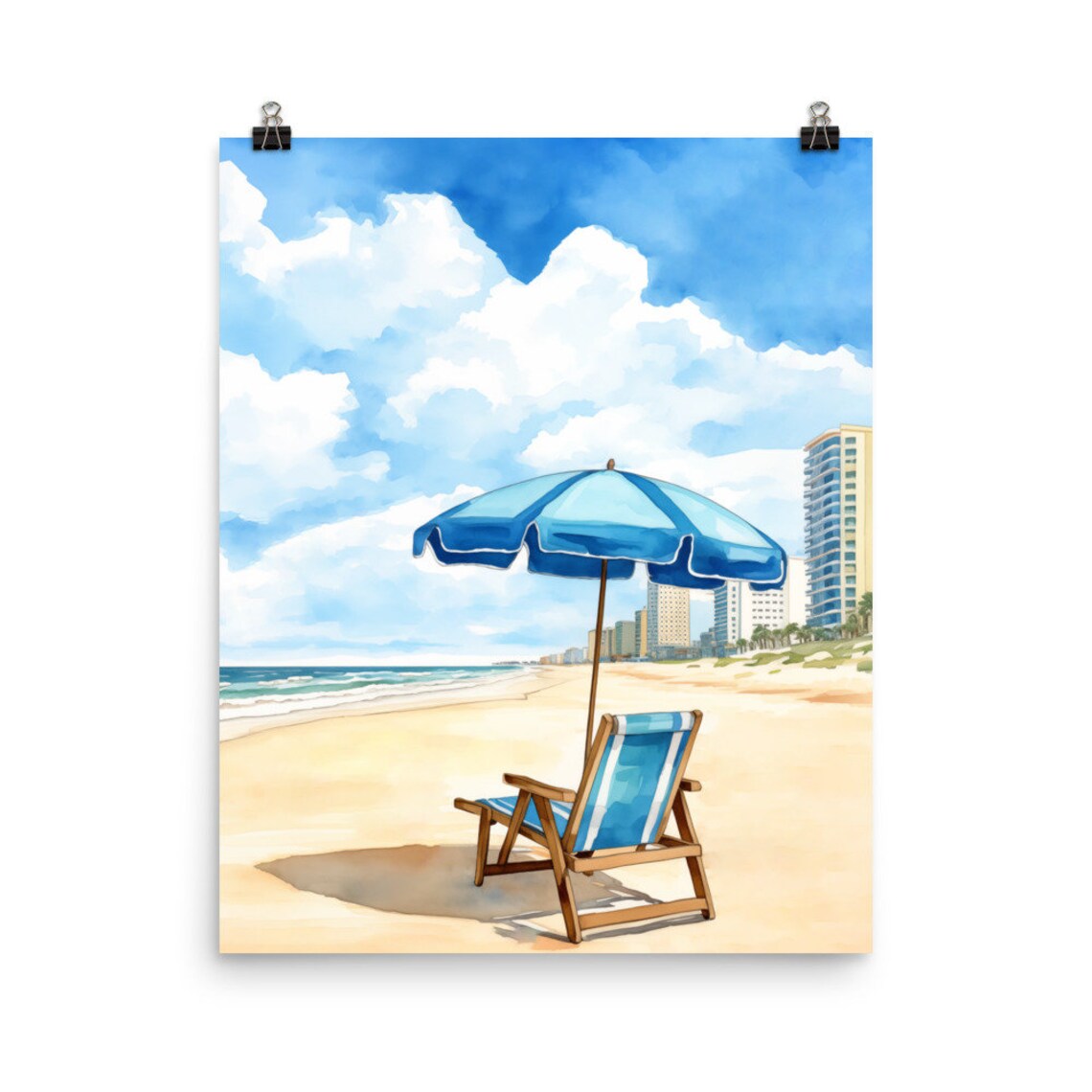 Blue Beach Umbrella and Chair on Oceanfront City Beach Poster