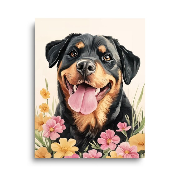 Rottweiler Dog Poster of a Happy Portrait Surrounded by Wildflowers