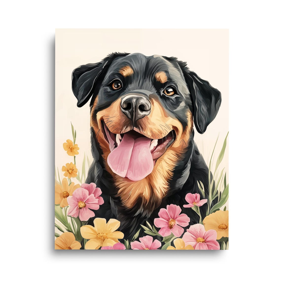 Rottweiler Dog Poster of a Happy Portrait Surrounded by Wildflowers