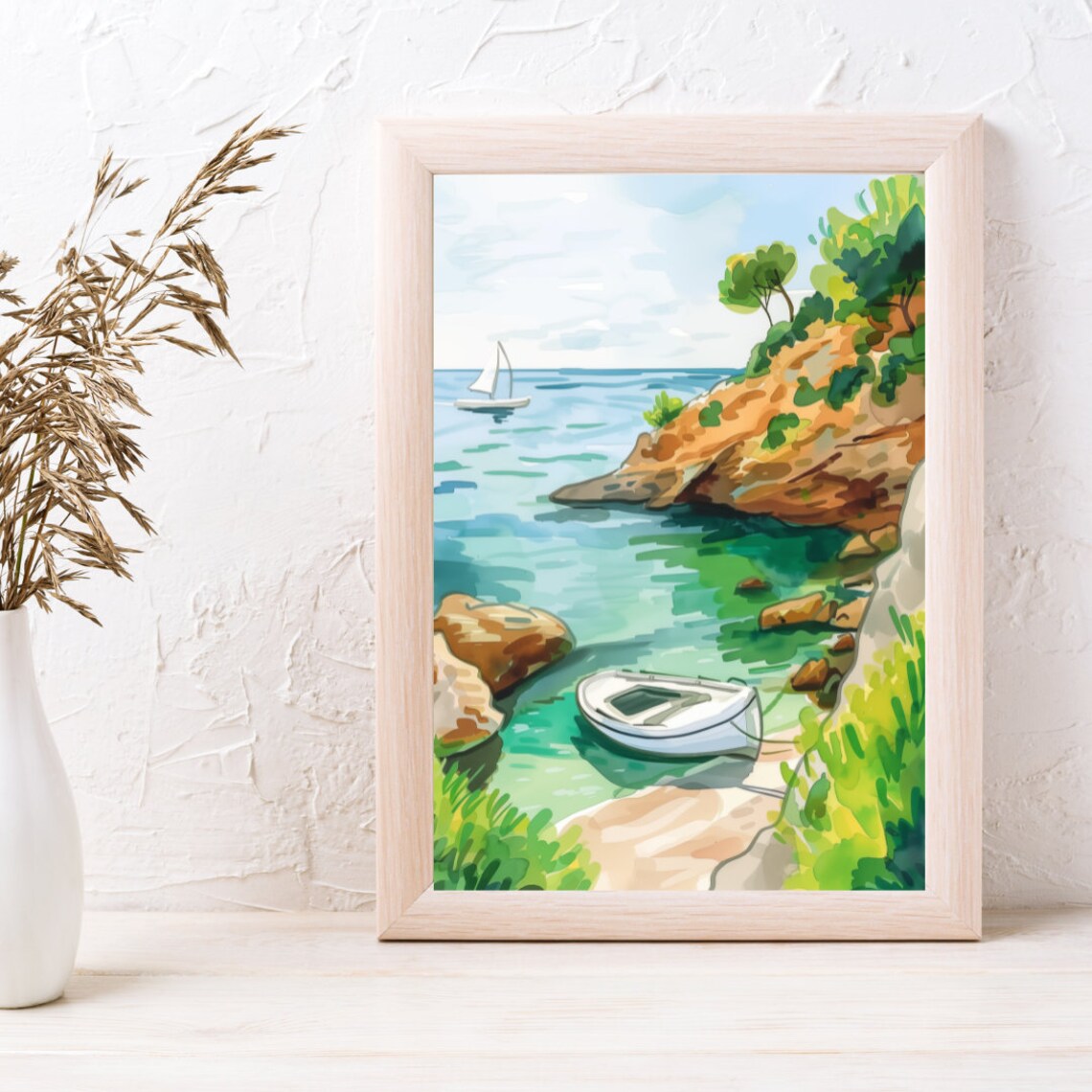 Costa Brava Hidden Cove with White Rowboat Watercolor Poster - Image 3