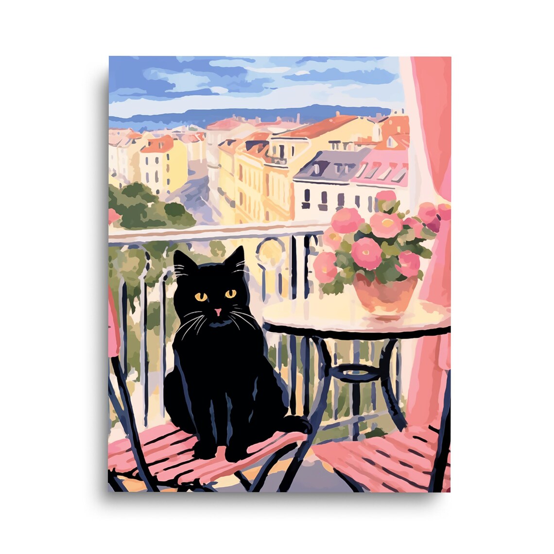 Black Cat In France Watercolor Art Print