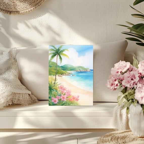 Trunk Bay St John Caribbean Beach Watercolor Print Palm Flowers