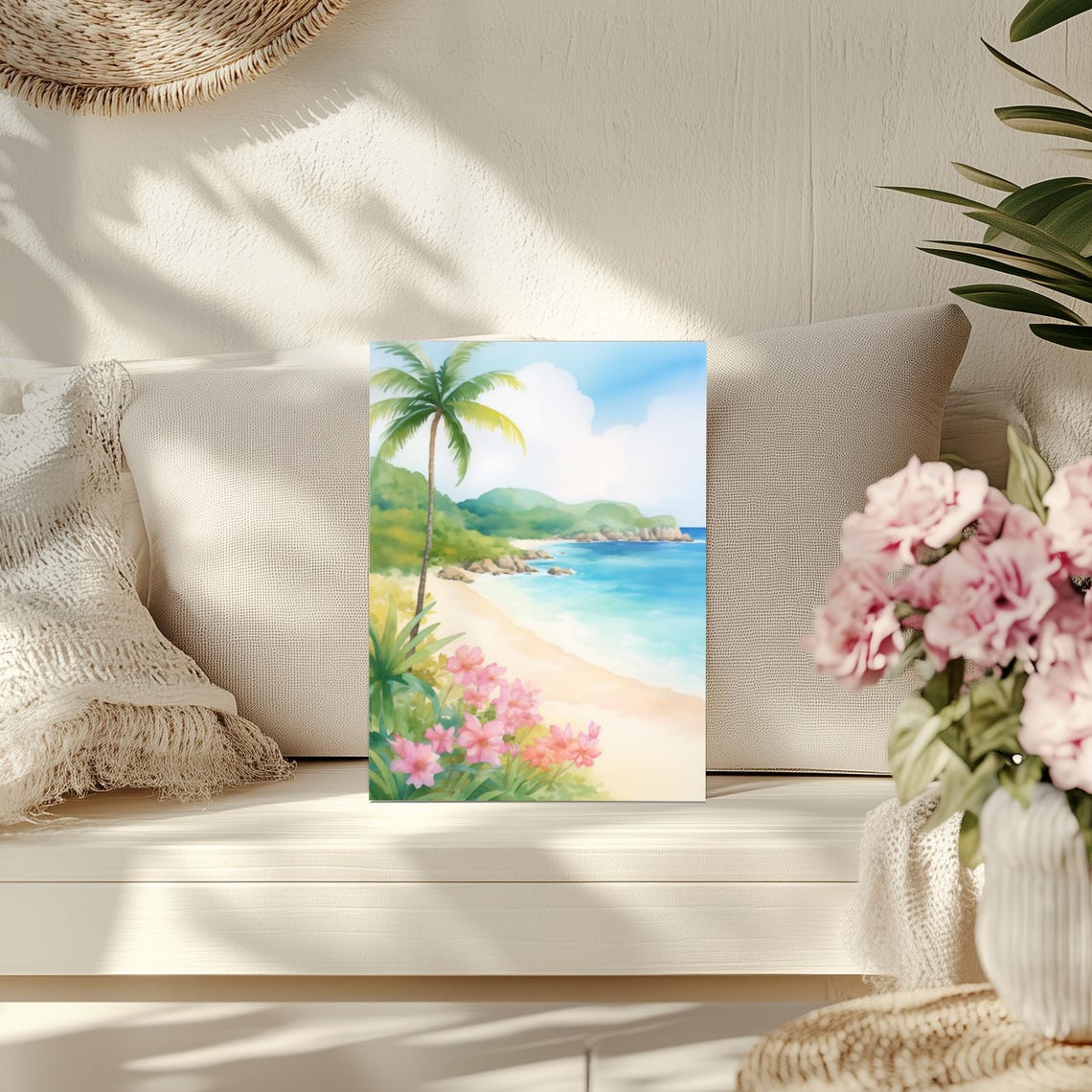Trunk Bay St John Caribbean Beach Watercolor Print Palm Flowers