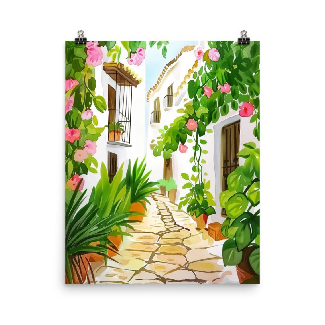 Mojacar Spain Whitewashed Flower Alleyway Watercolor Travel Poster