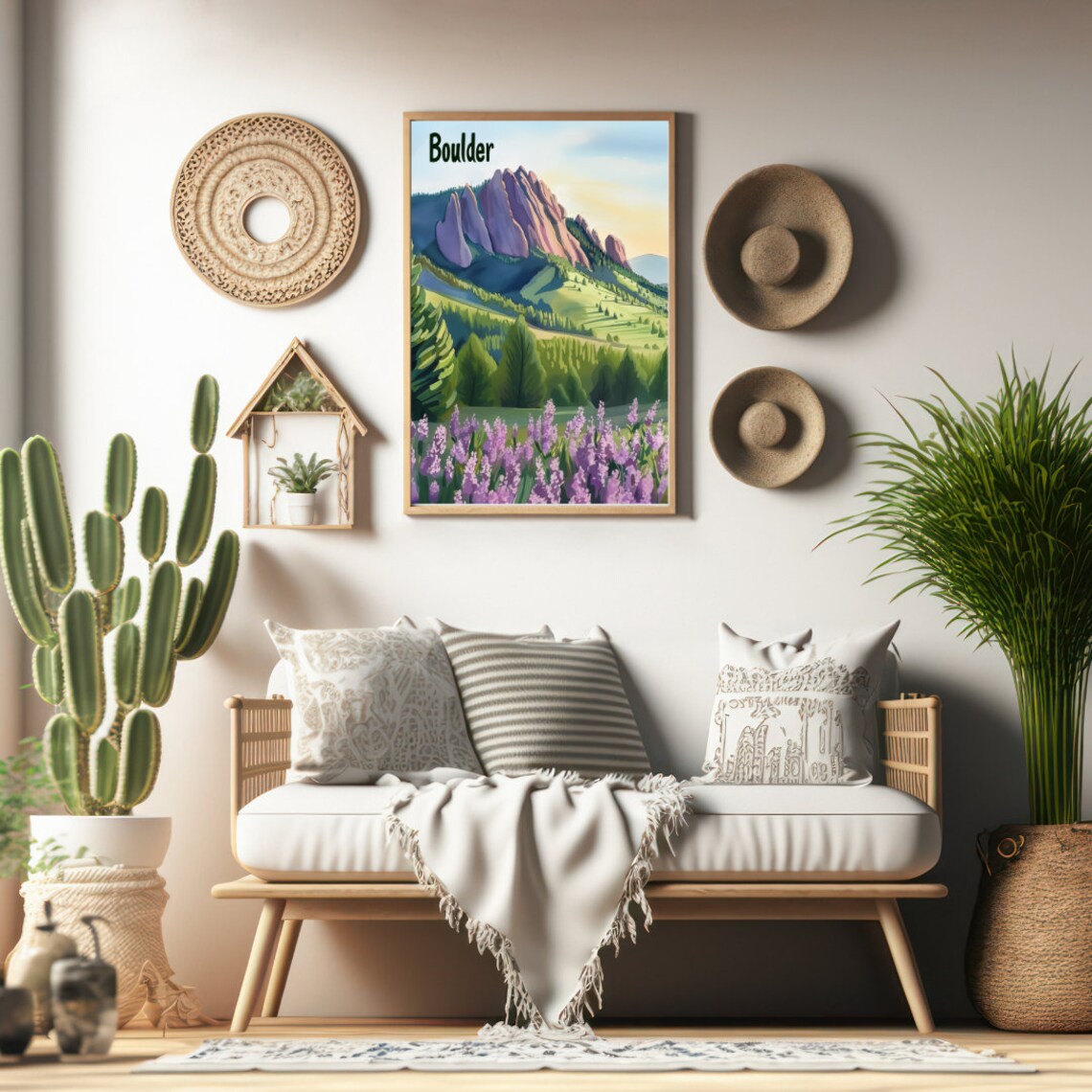 Boulder Colorado Flatirons Above Purple Wildflower Meadow Poster - Image 2