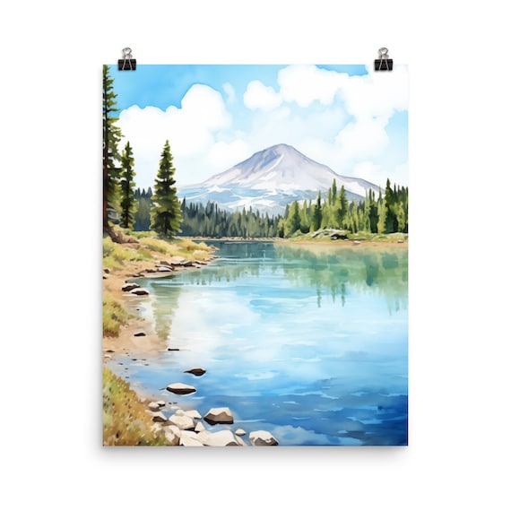 Lassen Volcanic National Park Mountain Lake Watercolor Poster