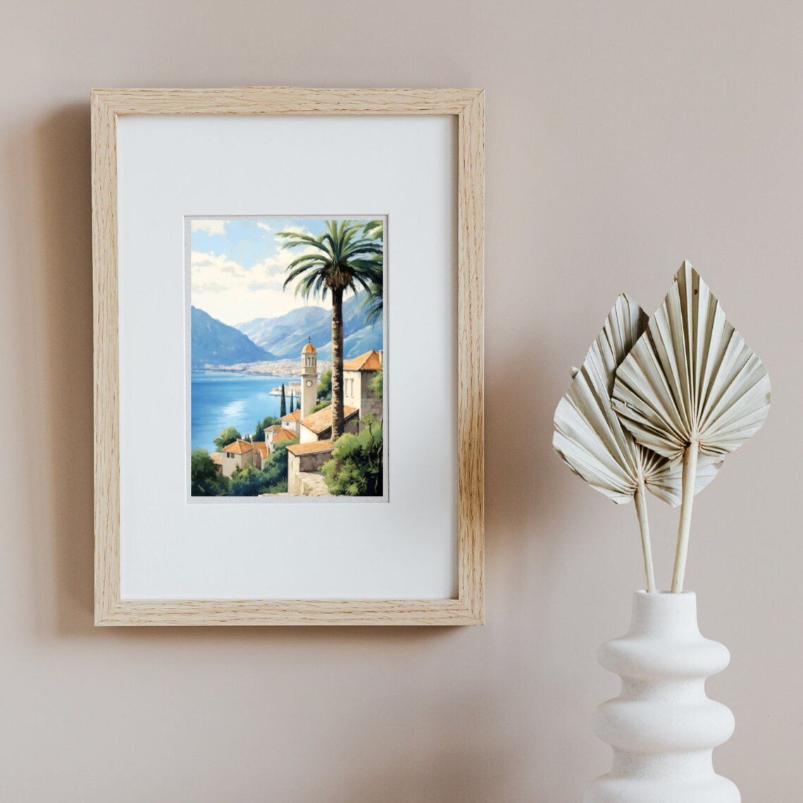 Kotor Bay Montenegro Palm Church Tower Scene Watercolor Poster - Image 3