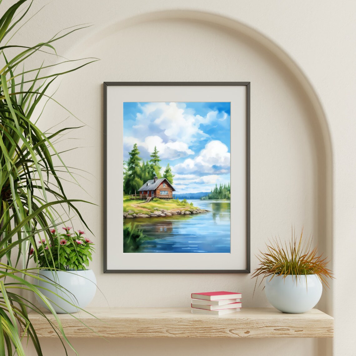 Imatra Finland Red Log Cabin by a Calm River Watercolor Poster - Image 3
