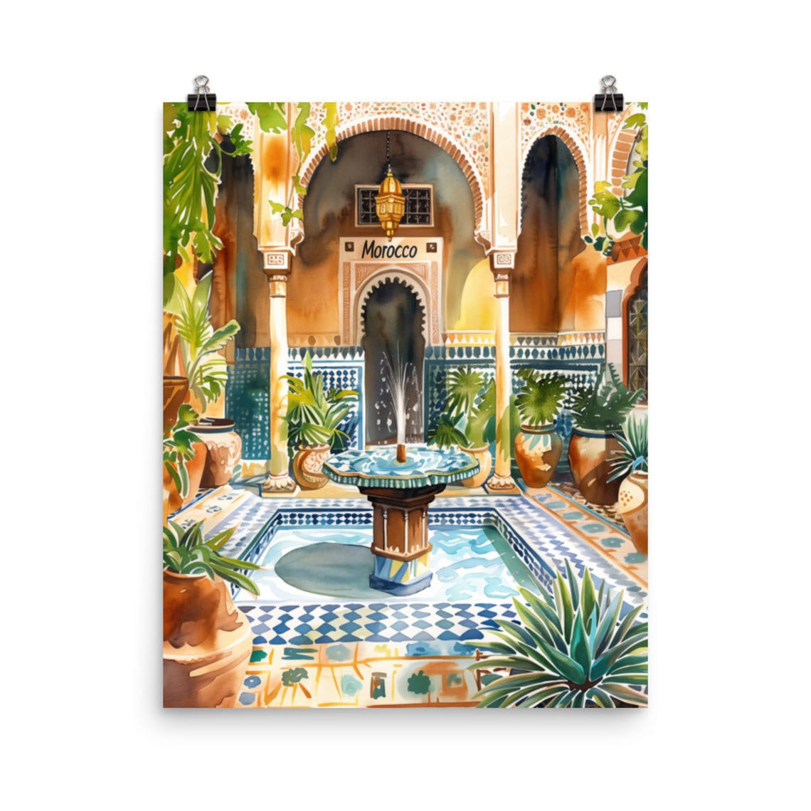 Moroccan Riad Watercolor Print, Marrakesh Travel Poster