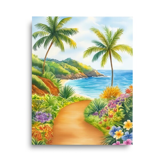 Tropical Palm Lined Path to Turquoise Cove Watercolor Island Poster