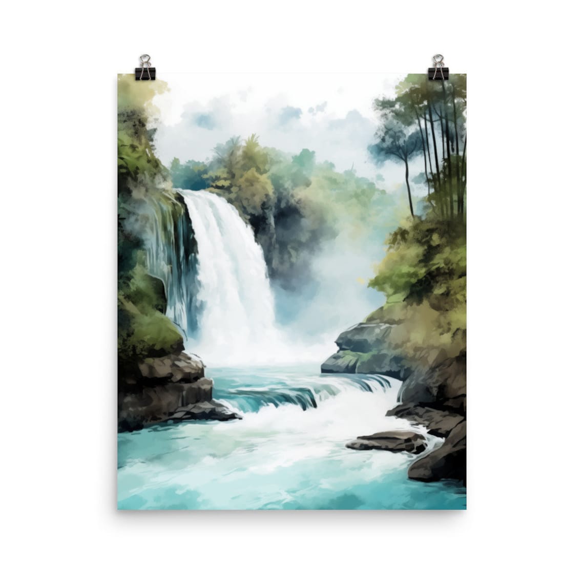 Chilean Rainforest Waterfall Watercolor Painting Misty Falls Nature Poster