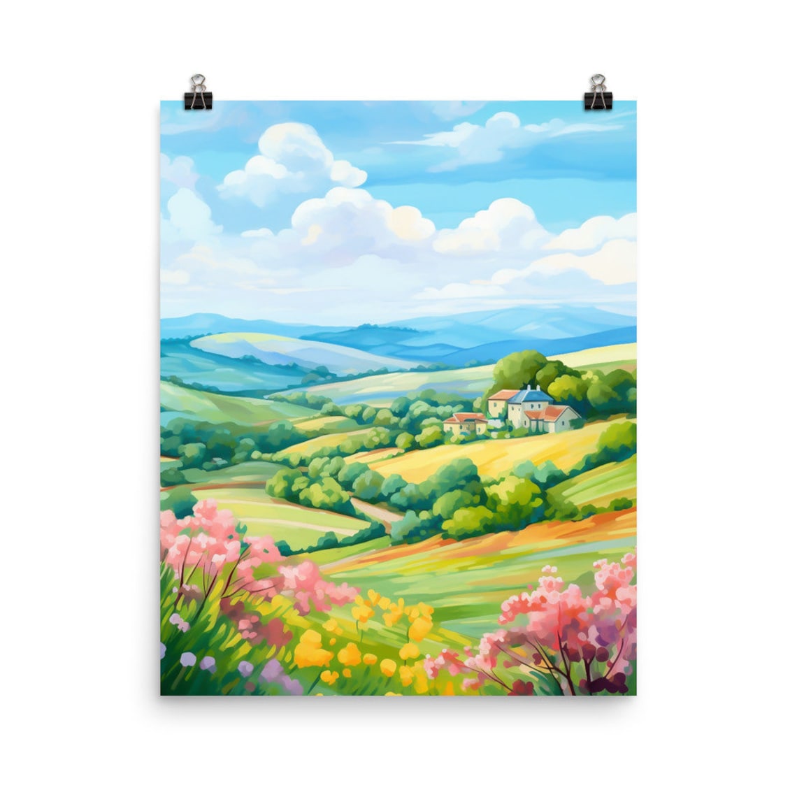 Adelaide Hills Green Rolling Hills Wildflowers Watercolor Poster