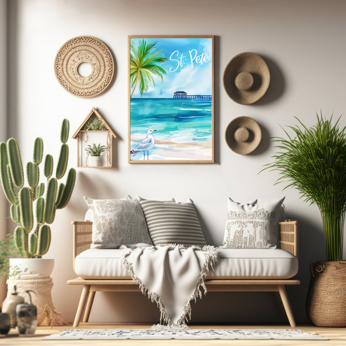 St. Pete Beach Pier Palm Seagull Retro Script Watercolor Poster - Image 2