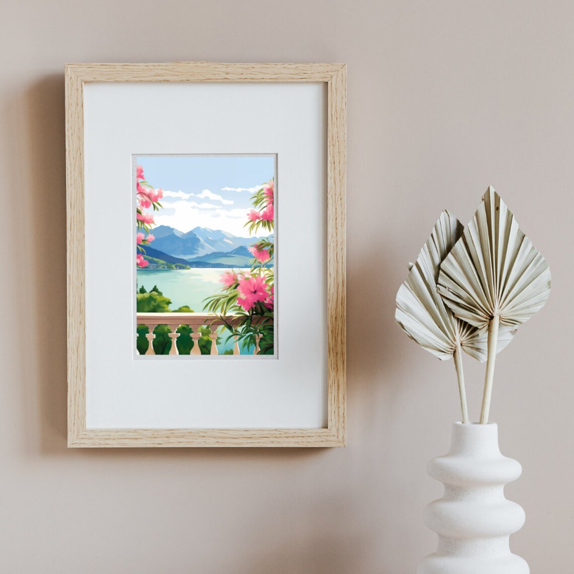 Lake Annecy Terrace View with Pink Flowers and Mountains Poster - Image 2