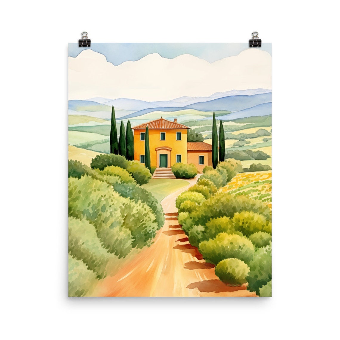 Umbria Yellow Villa with Cypress Trees and Rolling Hills Poster
