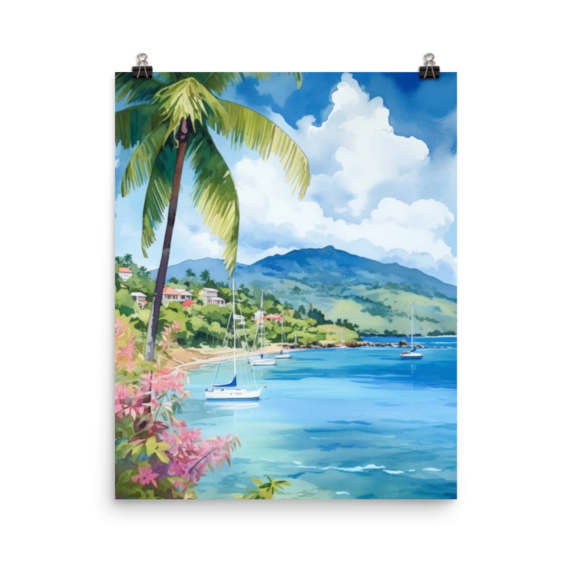 Martinique Tropical Beach Palm Sailboat Caribbean Watercolor Poster