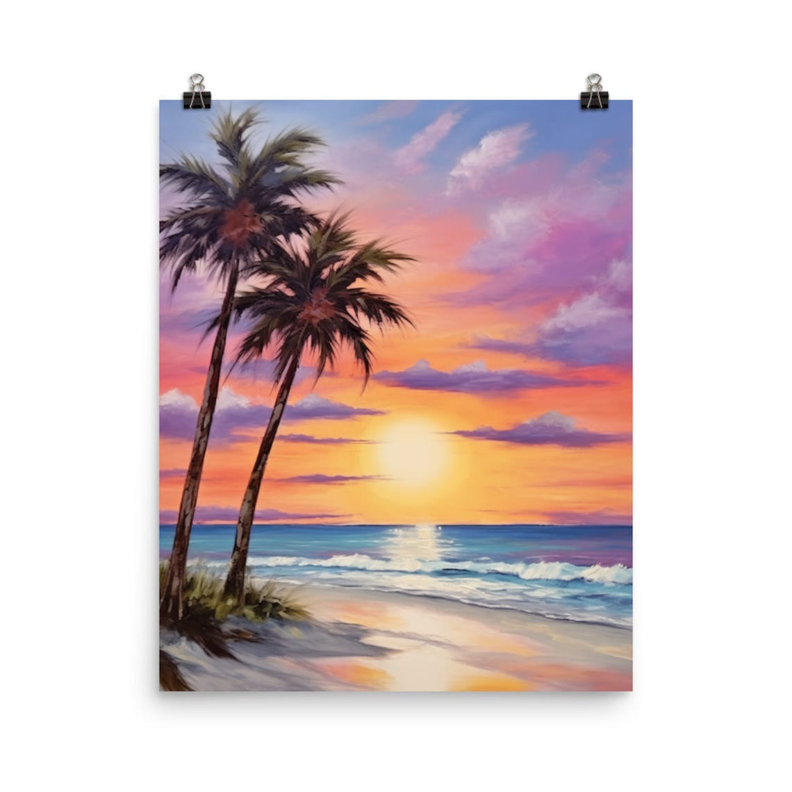 Two Leaning Palm Trees Over Golden Sunset Beach Water Poster
