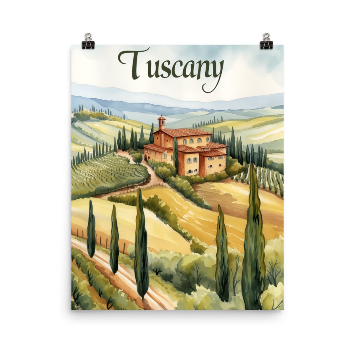 Tuscany Villa on Rolling Hills with Cypress Trees Watercolor Poster