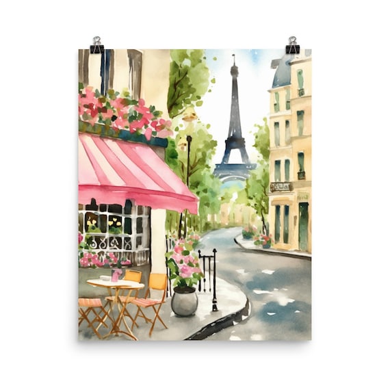 Paris Cafe Watercolor Print, Parisian Street Travel Poster
