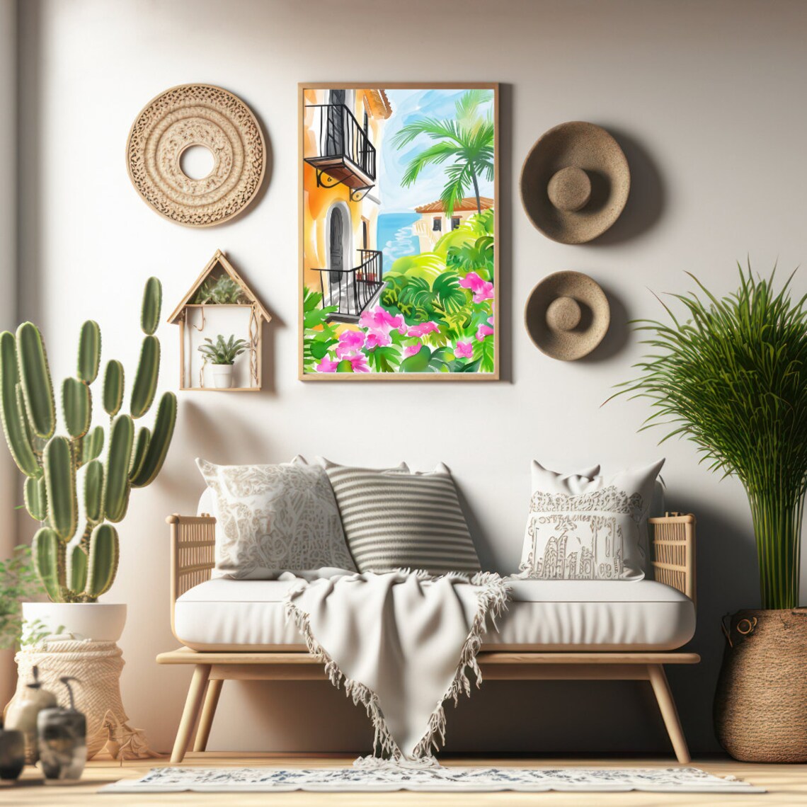 Cadiz Andalusia Street with Palms Over the Sea Watercolor Poster - Image 2