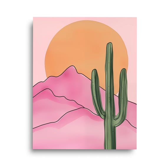 Retro Pink Desert Watercolor Print Saguaro Cactus Wall Art Cacti Home Decor Landscape Southwest Abstract Sunset Poster