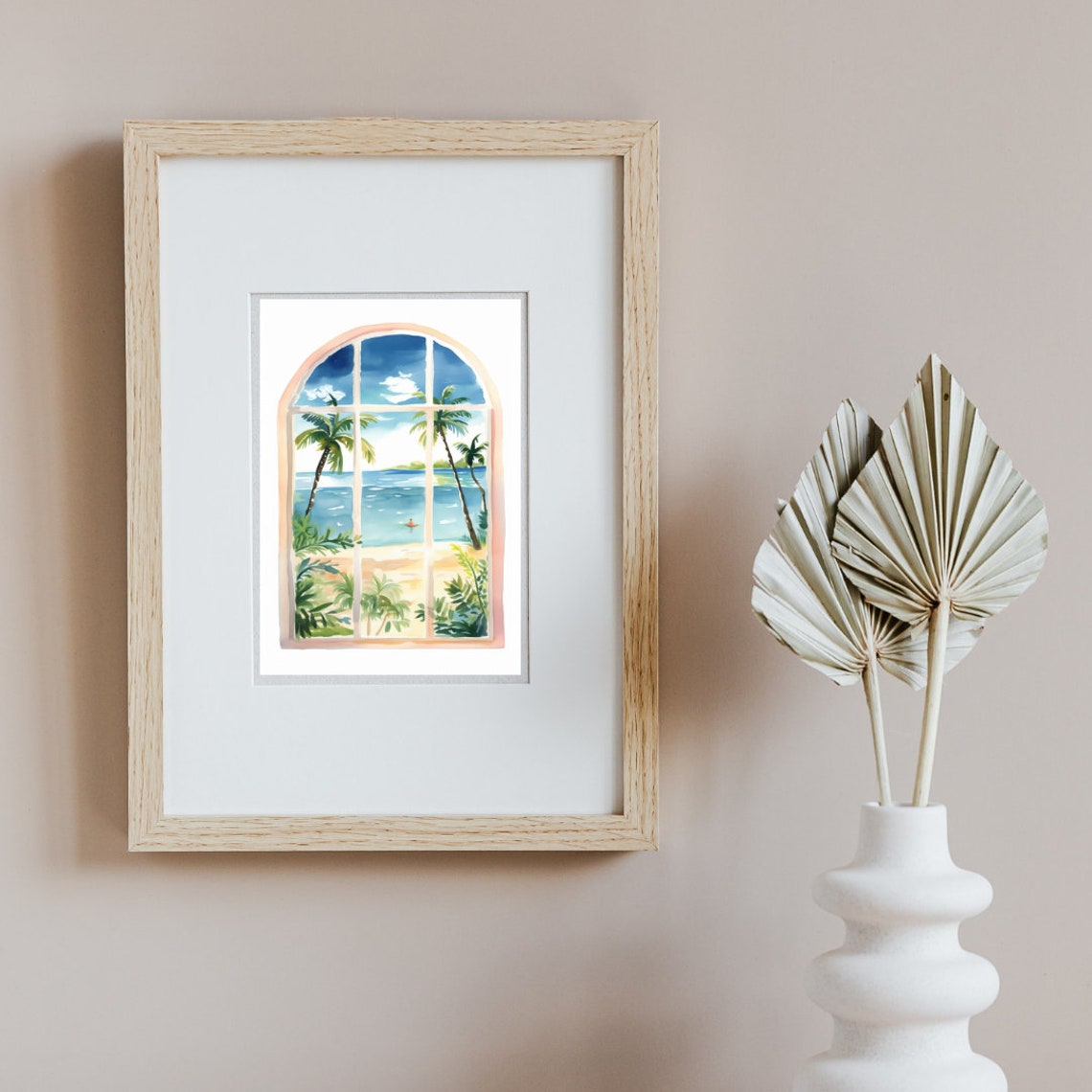 Arched Window Framing Tropical Beach Palms Ocean View Poster - Image 2