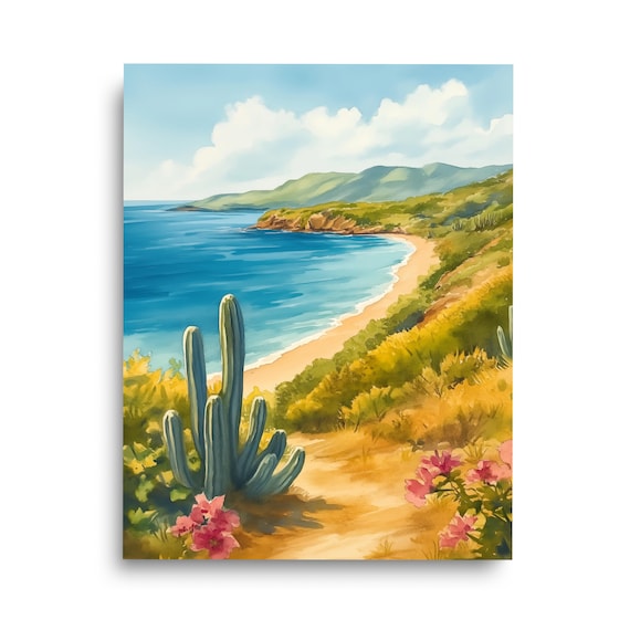 Guanica Dry Forest Coast Watercolor Poster With Cactus in Puerto Rico