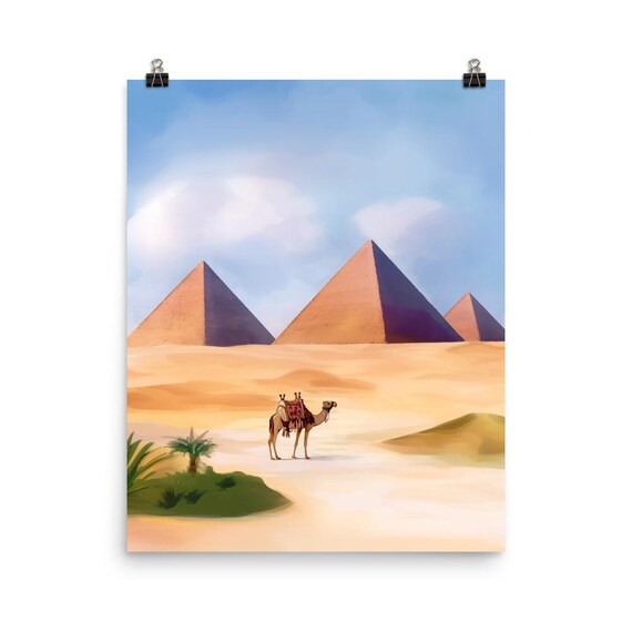 Great Pyramids of Giza Egypt Camel Desert Watercolor Poster for Travelers