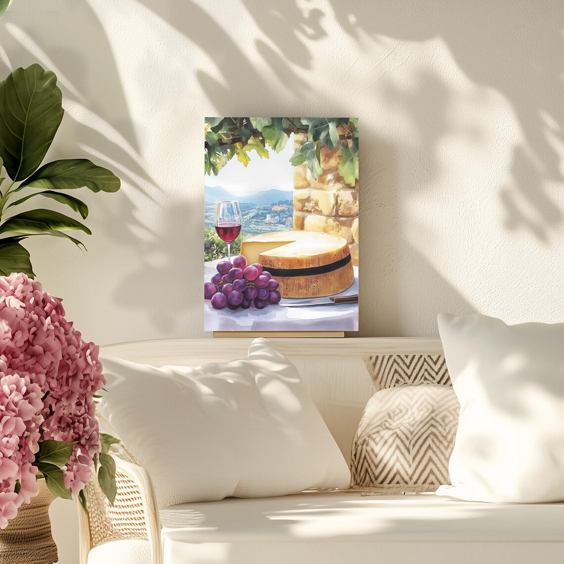 Parmigiano Wheel Wine and Grapes Watercolor Italian Kitchen Poster