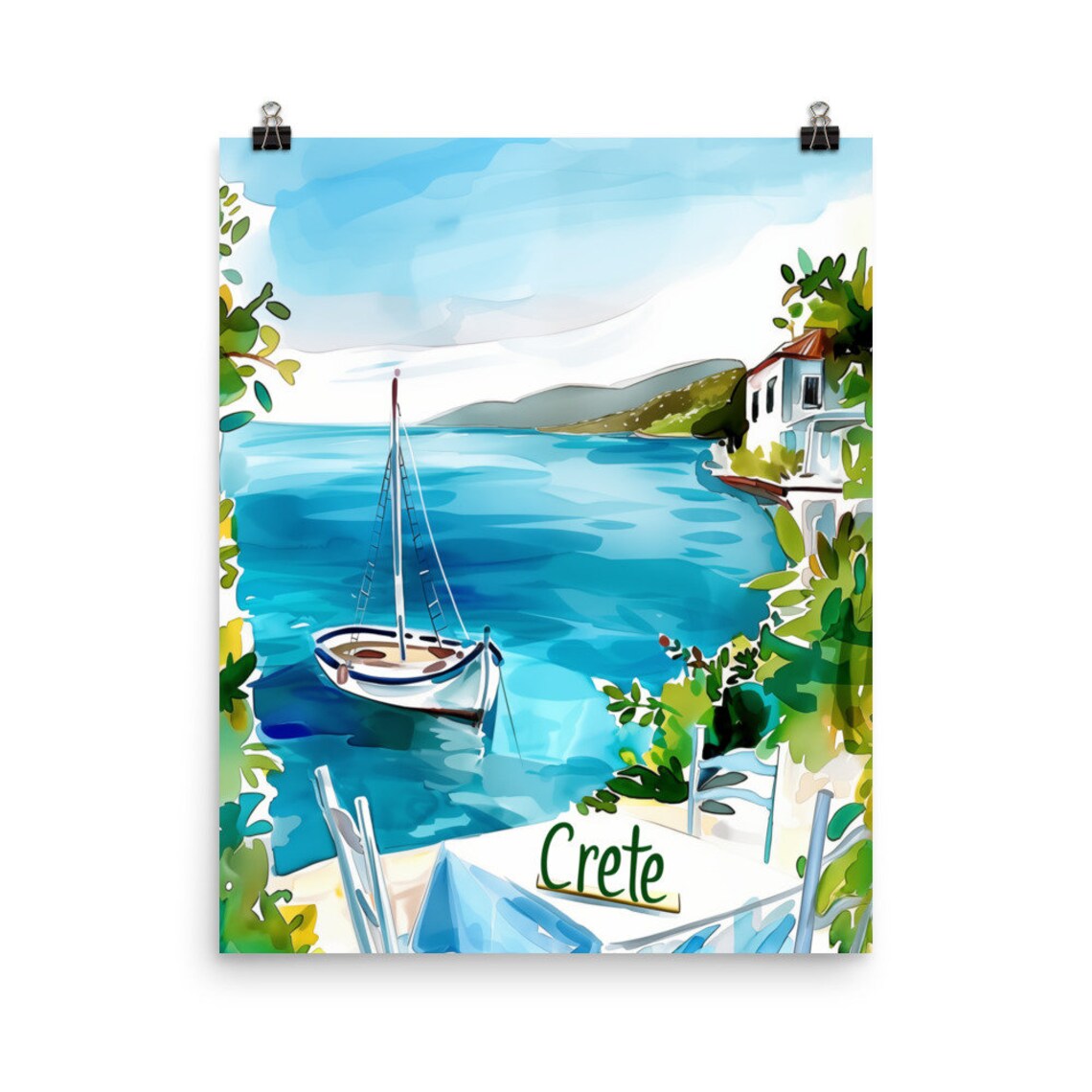 Crete Watercolor Travel Poster, Greek Island View