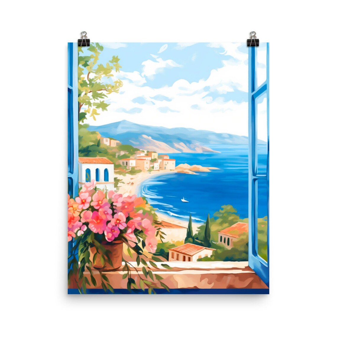 Corsica Bay View Through Blue Window Shutters Watercolor Poster