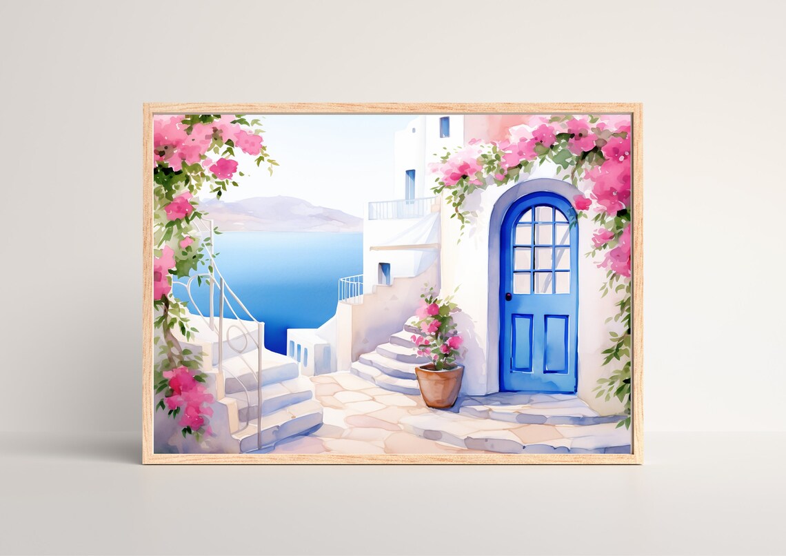Mykonos Blue Door Watercolor Greek Island Travel Poster Artwork