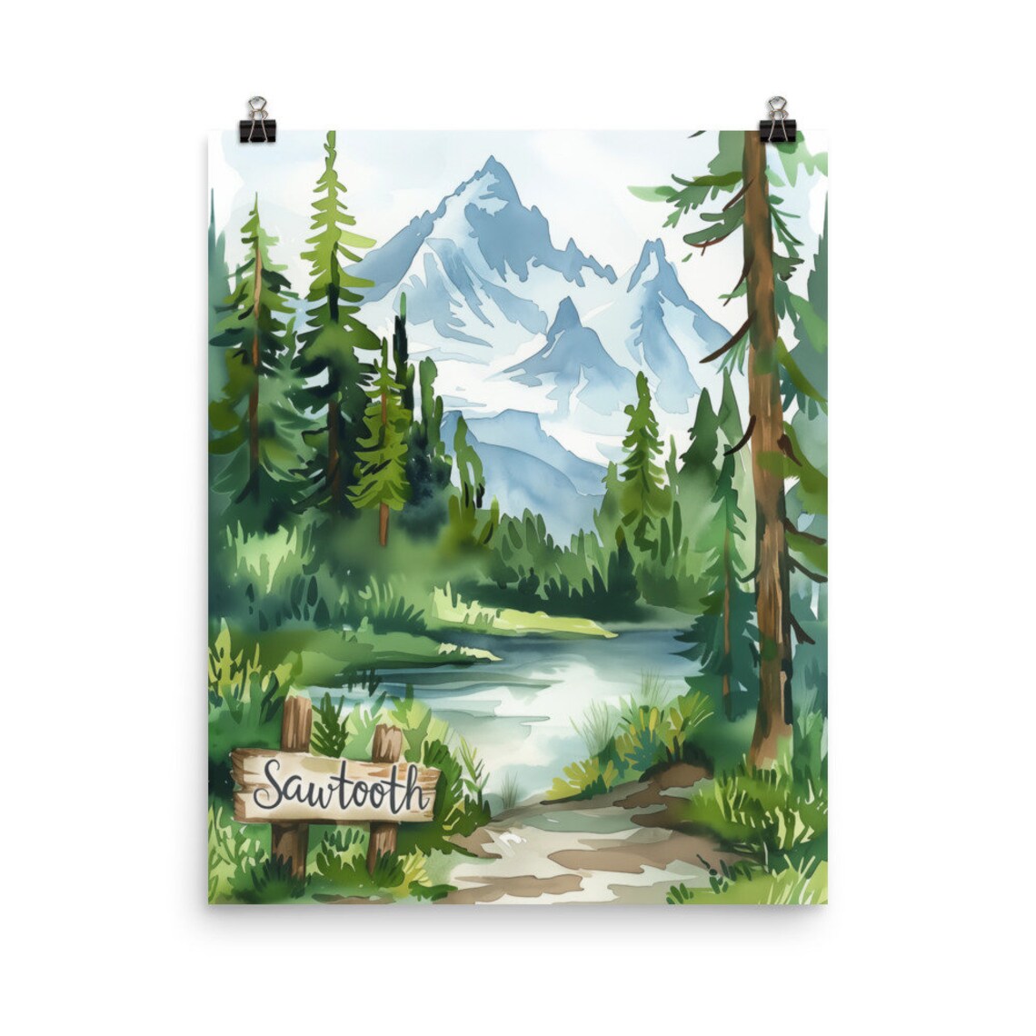 Sawtooth Mountains Watercolor Print, Idaho Travel Poster