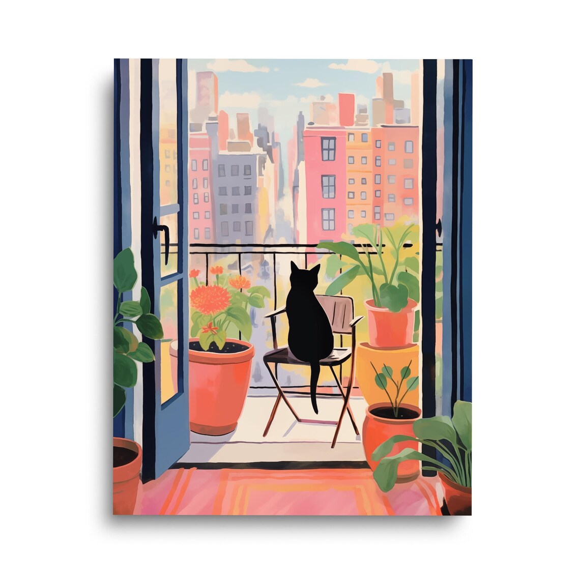Black Cat Retro NYC Watercolor Art Print