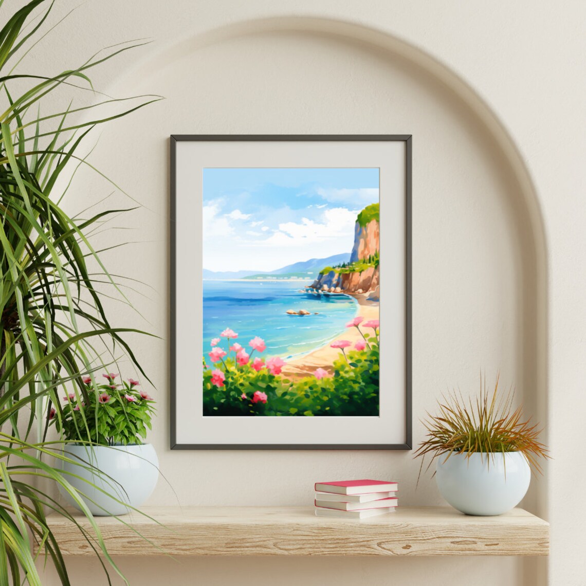 Sardinia Cove Sandy Beach with Cliffs and Pink Flowers Poster - Image 3
